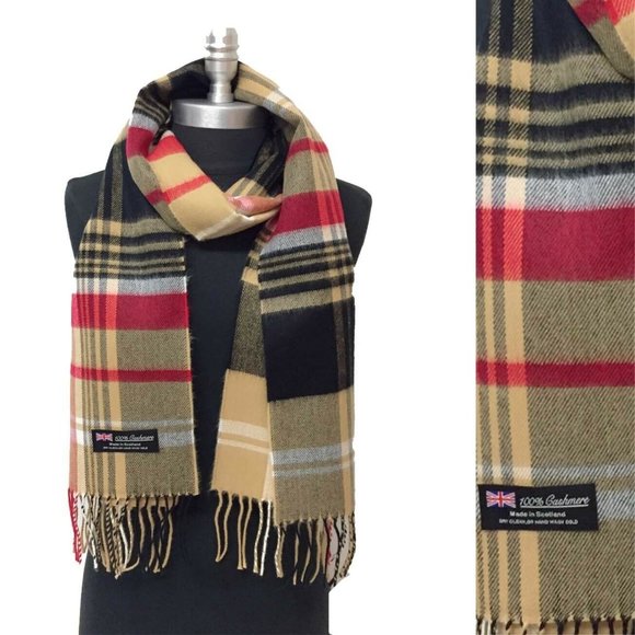 Men\'s Plaid Camel/Red/Black SOFT CASHMERE Scarf